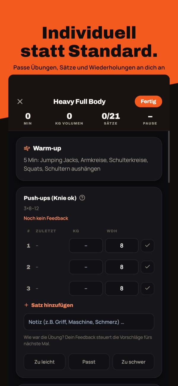 Trainings-Session mit automatischen Gewichts-Vorschlägen